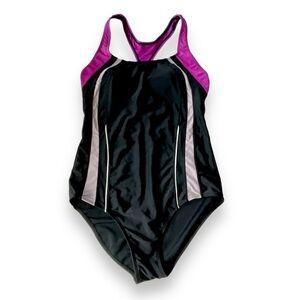 Roots‎ Swimsuit Black Purple One Piece Stripes Racer Back Bathing Suit Size 10